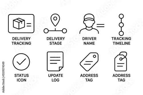 Set of delivery tracking icons including driver and address tags
