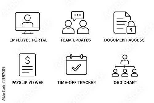 Digital workplace icons: employee tools for productivity and organization