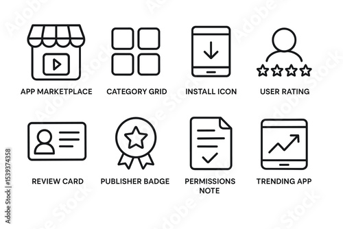 App marketplace icons: install, user rating, review, trending, categories