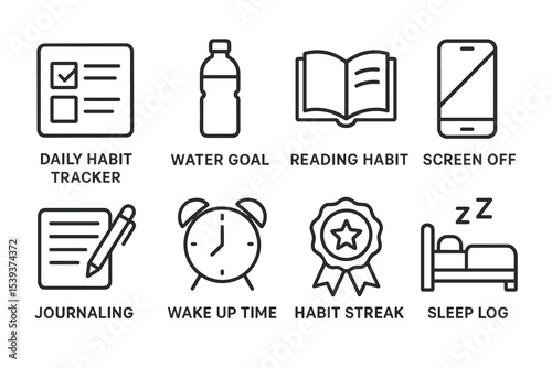 Daily habit tracker icons: water intake, reading, screen time, journaling, sleep, wake up, streak