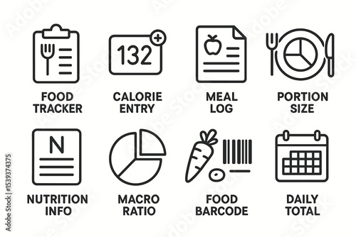 Nutrition icon set: food tracker, calorie entry, meal log, portion size, macro ratio
