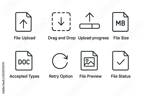 File upload and management icons: drag drop, progress, status