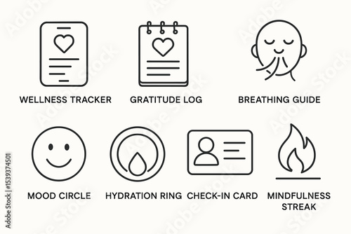 Wellness icons: gratitude log, breathing guide, mood circle, hydration, mindfulness