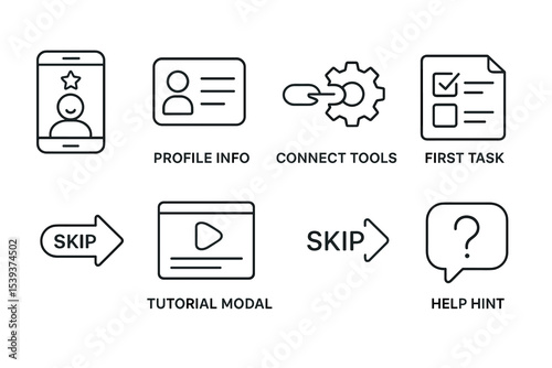 Mobile app onboarding icons: profile info, connect tools, first task, skip, tutorial modal, help hint
