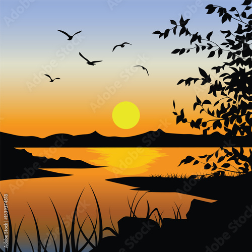 Beautiful sunset in summer illustration vector. Beautiful nature with beach. Beautiful sunrise or sunset in ocean, Nature landscape background, illustration vector. 