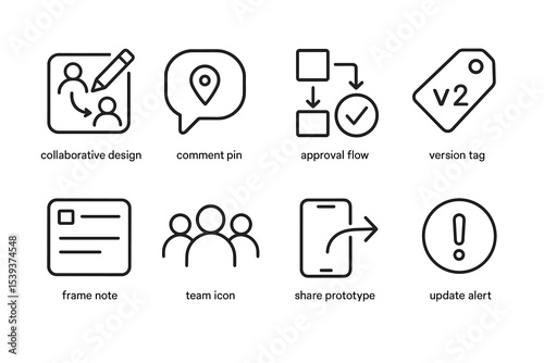 Collaborative design icons: comment, approval, version, frame, team, prototype, alert
