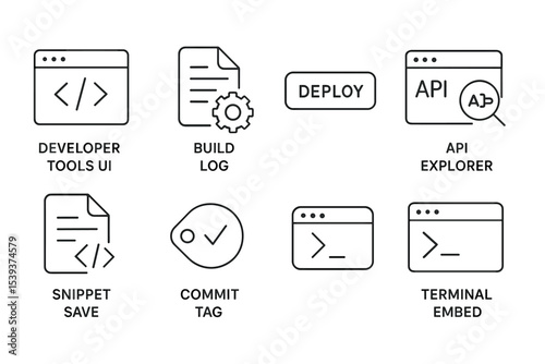 Web development icons: developer tools, build log, api explorer, snippet save