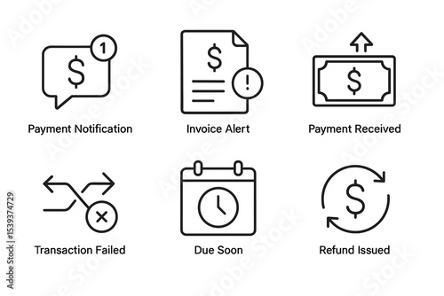 Financial icons: payment notification, invoice alert, payment received, transaction failed, due soon, refund issued