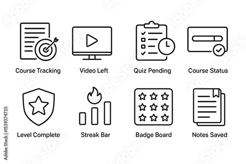 Educational progress icons: course tracking, video play, quiz status, completion levels, achievements