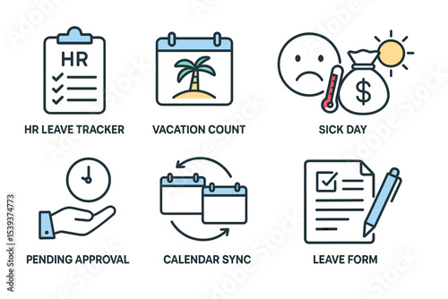 Hr icons: leave tracker, vacation count, sick day, pending approval, calendar sync, leave form