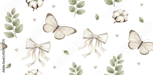 Watercolor botanical composition with white Cotton flowers and green Eucalyptus branches, and a tied ribbon. Floral drawing for wedding invitations or Baby shower greeting cards. Border with plants