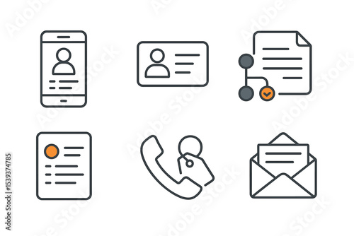 Icon set: mobile profile, id card, document flow, form, phone call, email