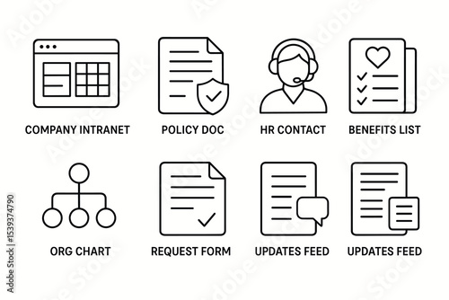 Corporate intranet icons: policies, hr, organization, and updates