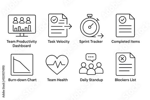 Agile project management icons: team productivity dashboard and task velocity