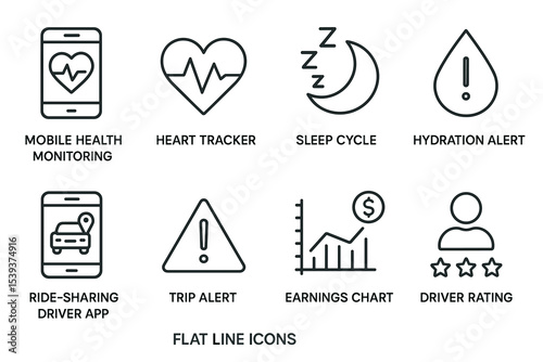 Mobile health monitoring and ride-sharing app icons: heart, sleep, hydration, alerts