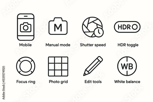 Smartphone camera settings icons: mobile, manual mode, shutter speed, hdr, focus, grid, edit, balance