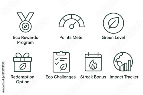 Eco rewards program icons illustrating green initiatives and impact tracking