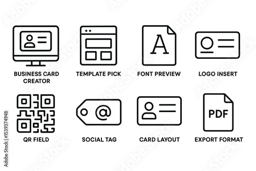 Digital business card design tools icons set overview