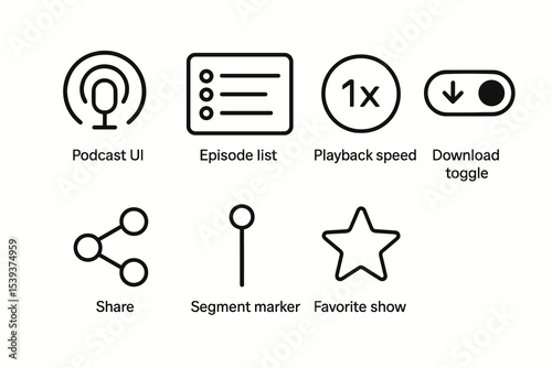 Podcast ui icons: episode list, playback speed, download toggle, share, segment marker, favorite show