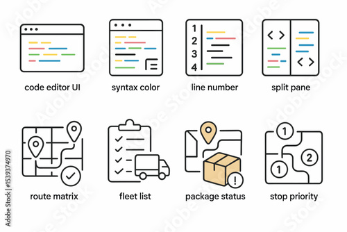 Icon set: code editor ui, syntax color, line number, split pane, route matrix, fleet list, package status