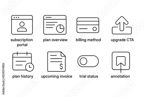 Icons for subscription portal: plan overview, billing, upgrade, invoice