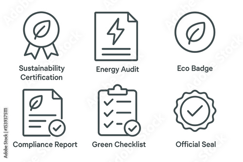Sustainability icons: certification, energy audit, eco badge, compliance, green checklist, official seal