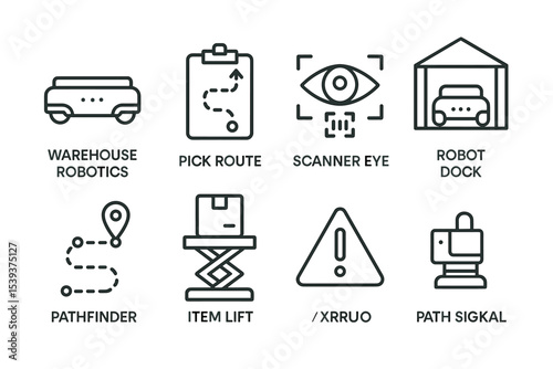 Autonomous warehouse technology icons: robotics, route planning, scanning, automation
