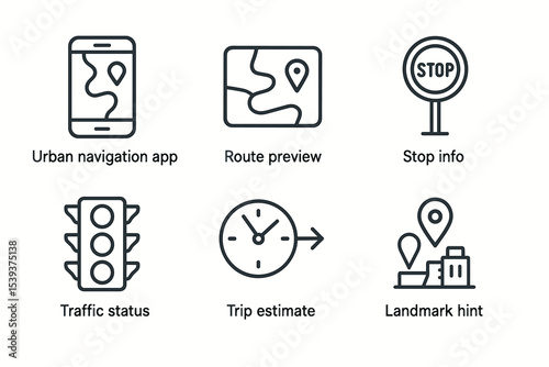Urban navigation icons for maps and travel apps