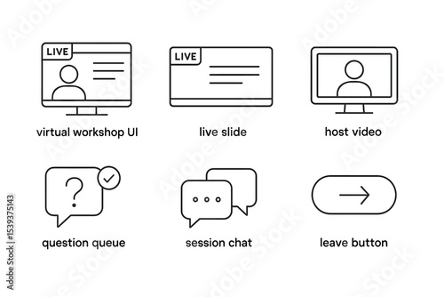 Virtual workshop interface elements: live slide, host video, question queue, session chat, leave button icons