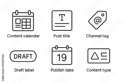 Content management icons: calendar, title, tag, draft, publish date, type