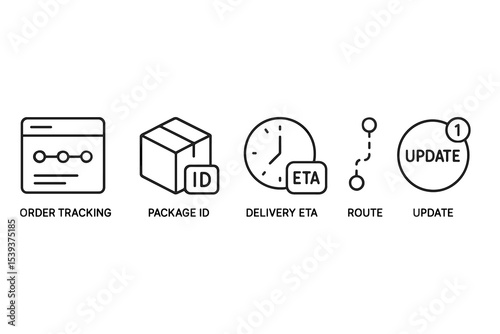 Order tracking icons: package id, delivery eta, route, update notification symbols