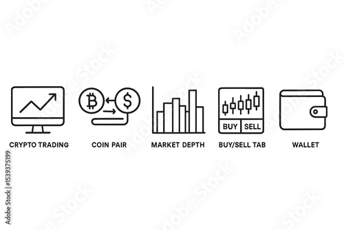 Crypto trading icons: coin pair, market depth, buy/sell tab, wallet