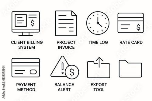 Business management icons: billing, invoice, time log, rate, payment, alert, export, folder