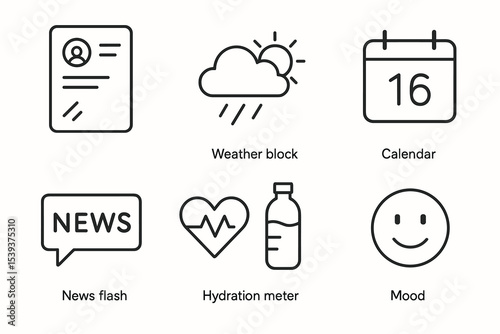 Outline icons: weather, calendar, news, hydration, mood