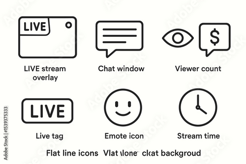 Live streaming icons: overlay, chat, viewer count, emote, stream time, bold line art