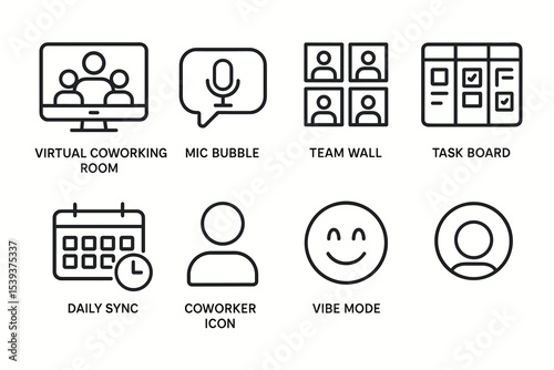Virtual workspace icons: coworking, communication, team collaboration, task management