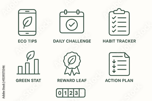 Eco-themed icons: tips, challenge, tracker, stats, rewards, action plan