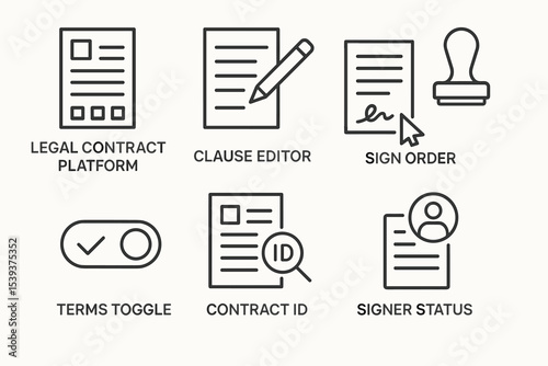 Legal contract platform icons: clause editor, sign order, terms toggle, contract id, signer status