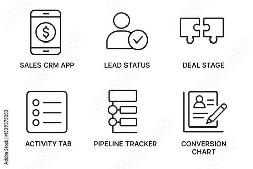 Business management icons: crm, lead status, deal stage, activity tab, pipeline tracker, conversion chart