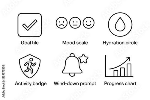 Health and wellness icons: goal, mood, hydration, activity, reminder, progress