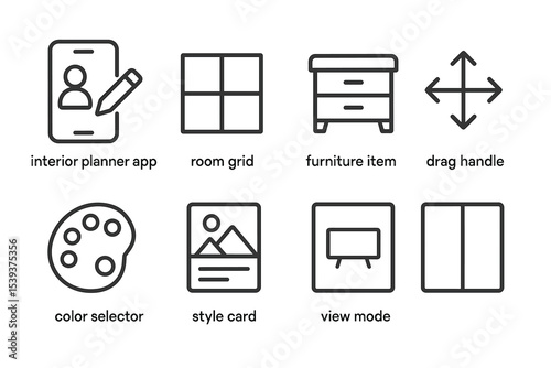 Interior design app interface icons set for planner and decor tools