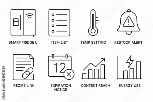 Smart fridge features: ui, item list, temperature settings, restock alerts, and energy use