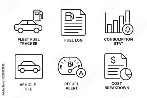Fleet fuel tracker icons: fuel log, consumption stats, vehicle, refuel alert, cost breakdown