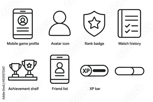 Mobile game icons: profile, avatar, rank badge, match history, achievements, friends, xp bar