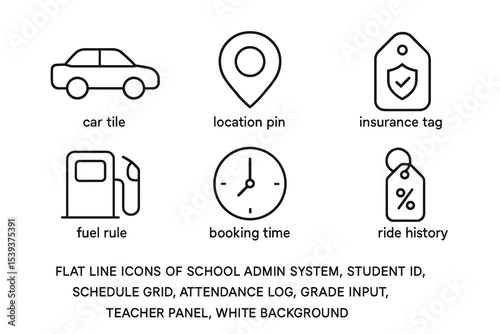 Flat line icons of school administration system elements on white background