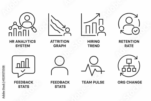 Icons representing hr analytics, attrition, hiring trends, and organizational change