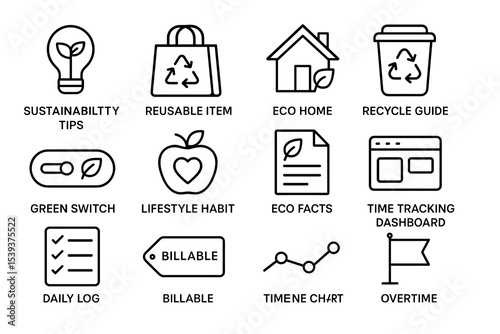Eco-friendly icons: sustainability tips, reusable items, recycling, and energy conservation