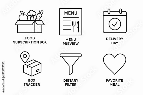 Icons representing food subscription features: box, menu, delivery, tracker, filter, favorite