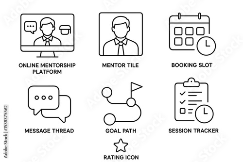 Business icons: online mentorship, booking slot, message, goal path, rating, session tracker