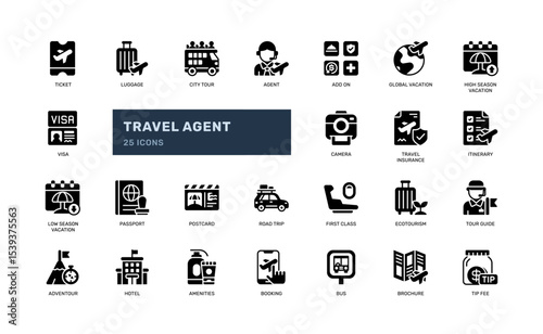 Travel Agent Glyph Icon Set with Booking and Tourism Symbols